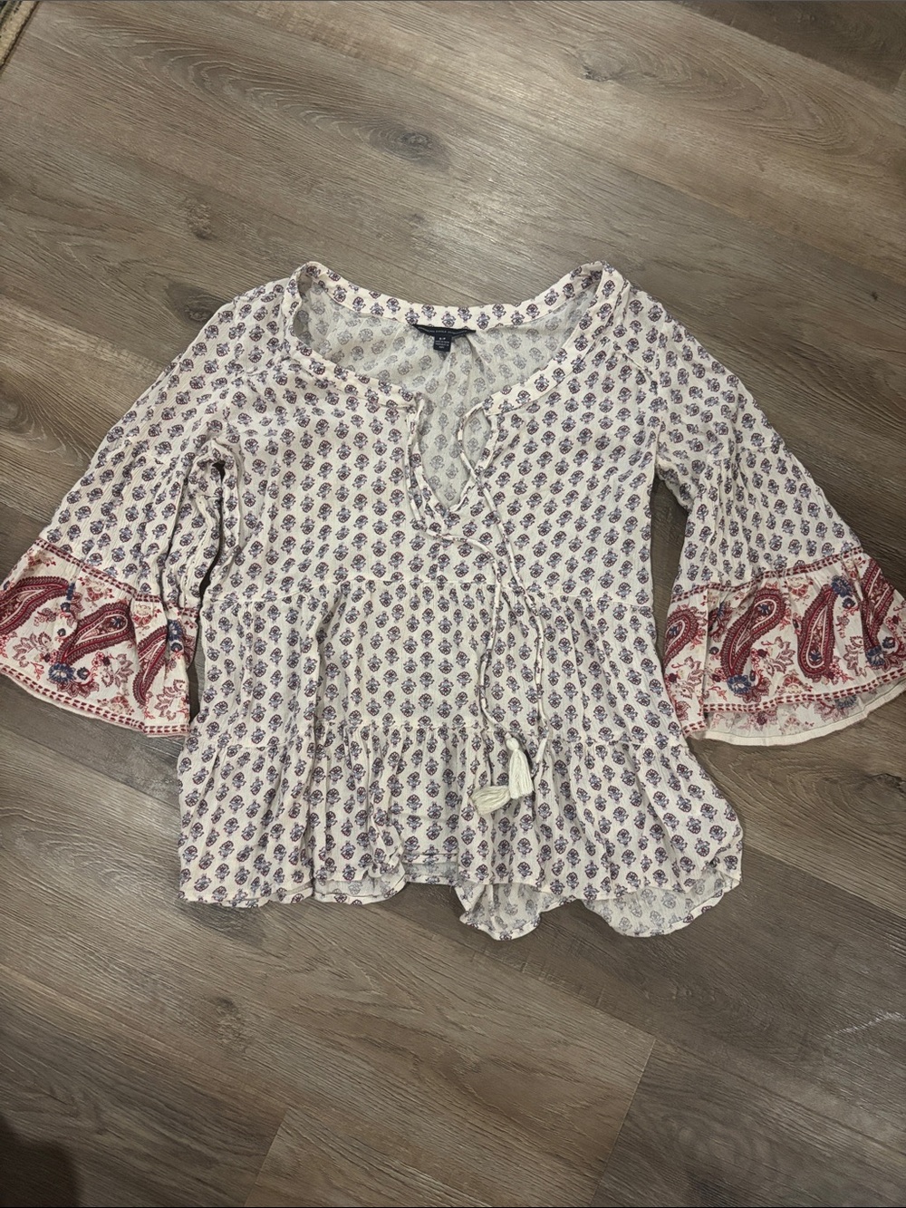American Eagle Outfitters White Peasant Blouse with Red Paisley Sleeves